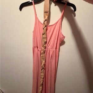 Pink Sleeveless Dress with Tan Chain Belt